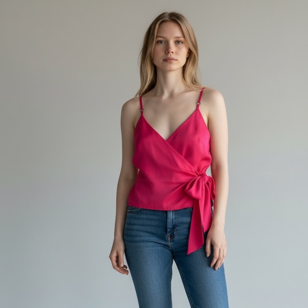 Bar III Women’s Faux Wrapped Cropped Pink Spaghetti Straps Top. Size L SKU 391